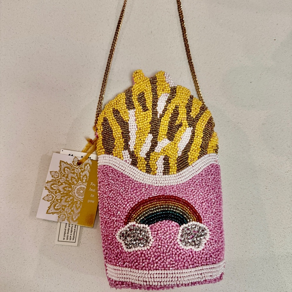 Beaded French Fry Crossbody beaded purse with Rainbow Design